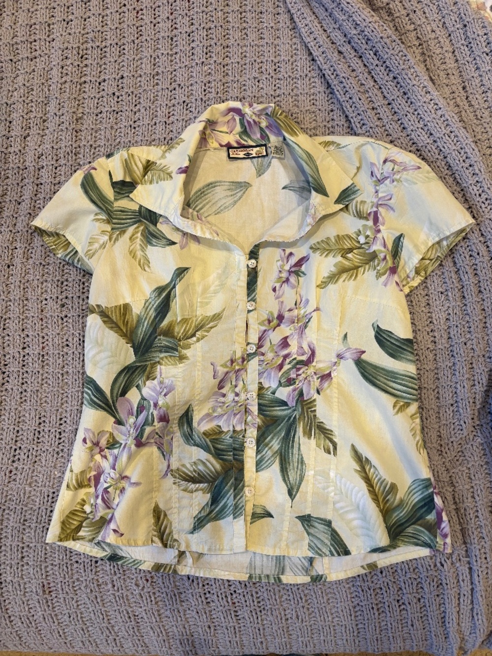 Caribbean Joe Green & Purple Columbine Flower Button Down Top